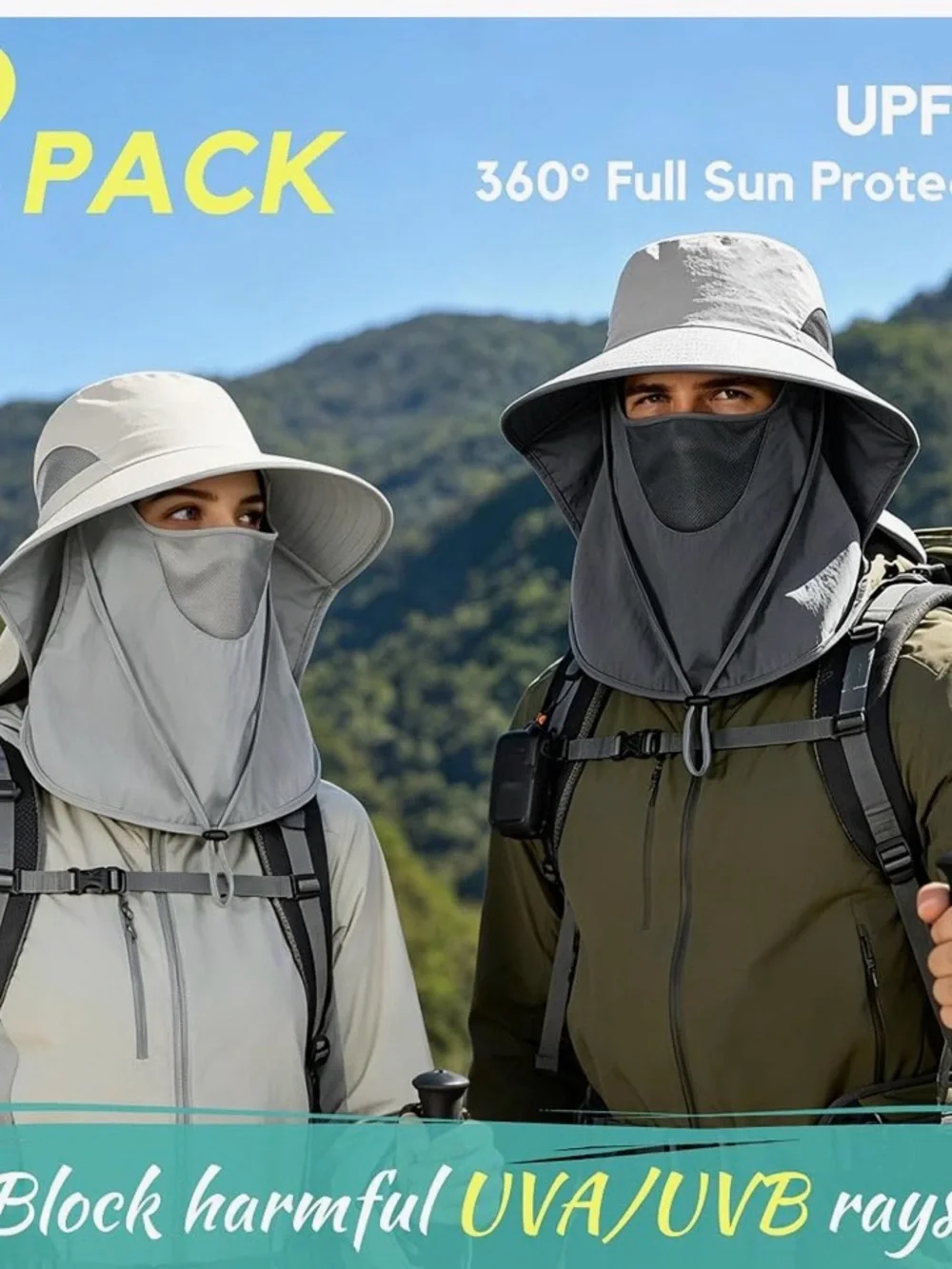 Set of 2 Sun Protection Wide Brim Hat with Neck Flap - Light Gray & Dark Gray - Picture 8 of 8